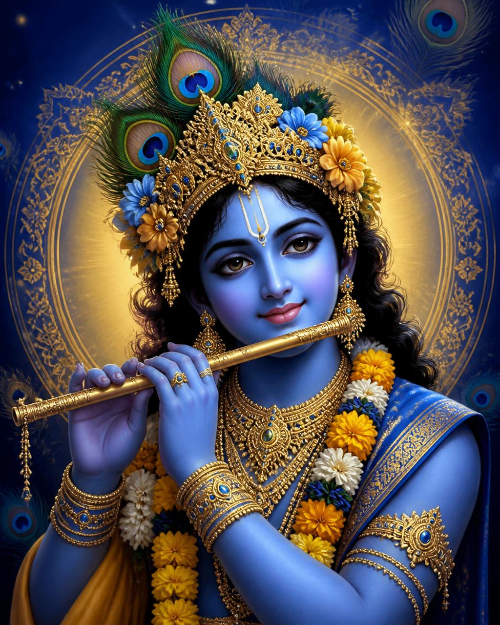 Devotional portrait of Lord Krishna with a peacock feather crown, playing the flute