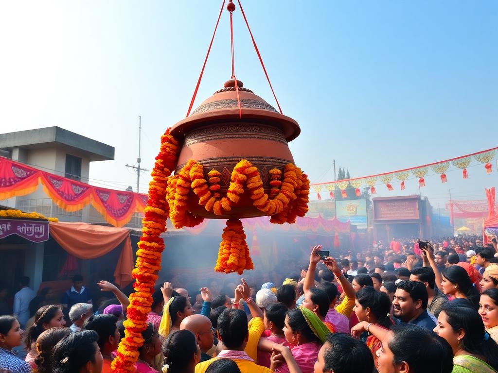 Dahi handi pot hanging above a festive crowd