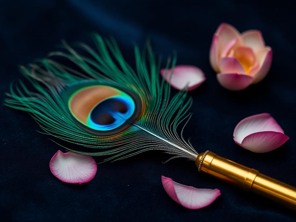 Peacock feather, lotus petals and a brass flute on dark velvet