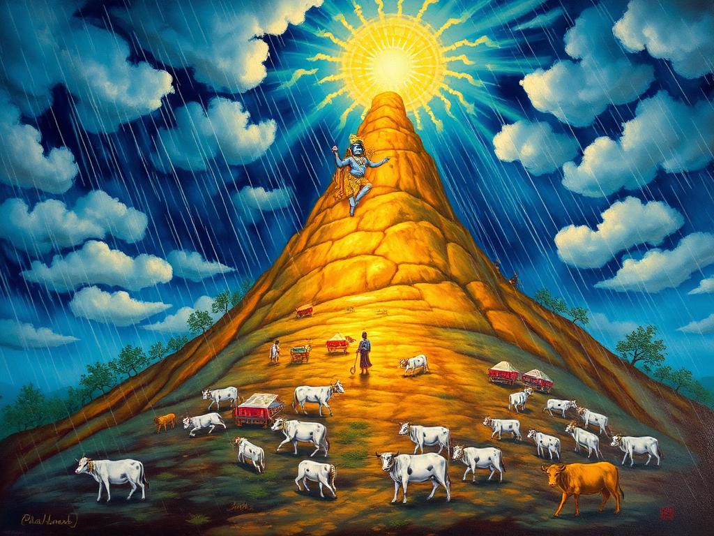 Painting of Krishna lifting the Govardhan hill