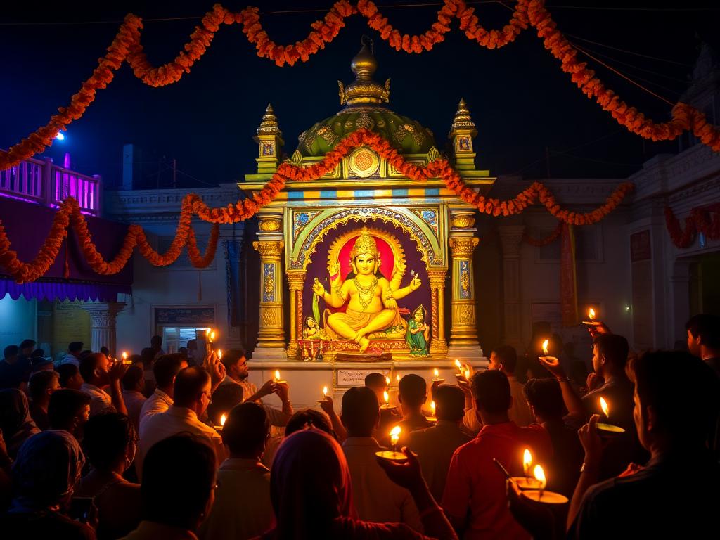 Devotees holding diyas at a temple on Janmashtami night