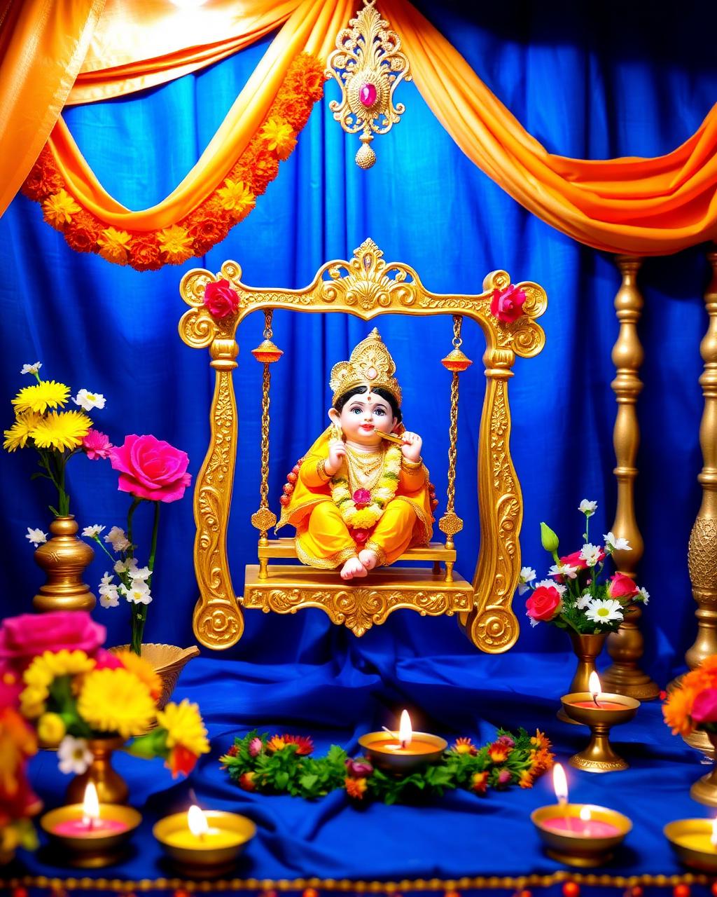 Baby Krishna idol seated on a golden decorated swing