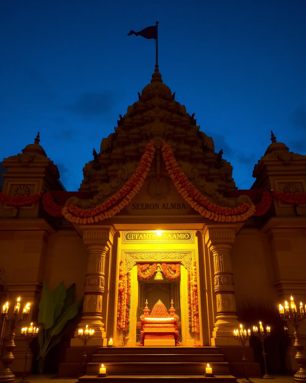 Temple entrance decorated with marigold garlands and lamps