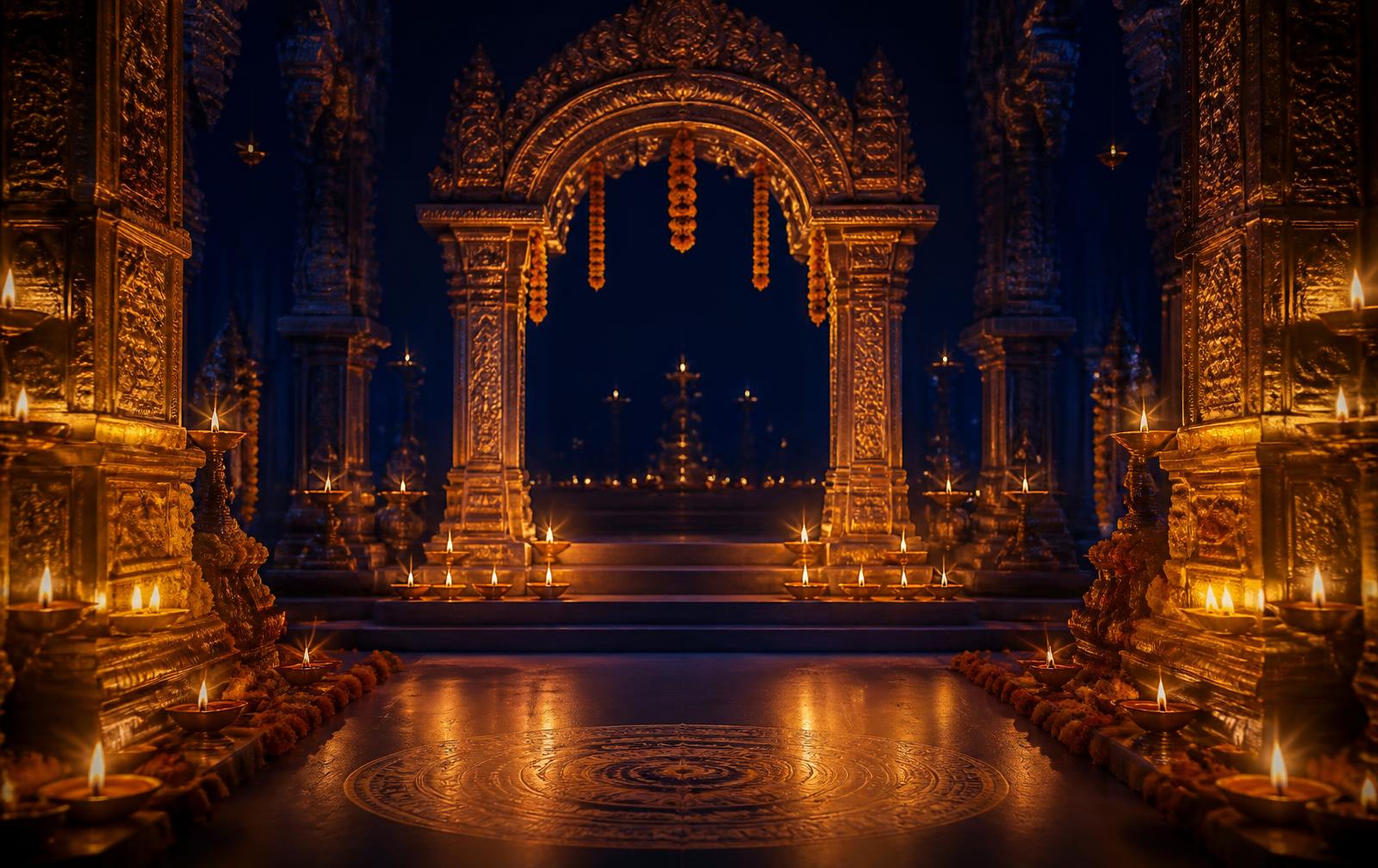 Ornate temple sanctum decorated with rows of oil lamps