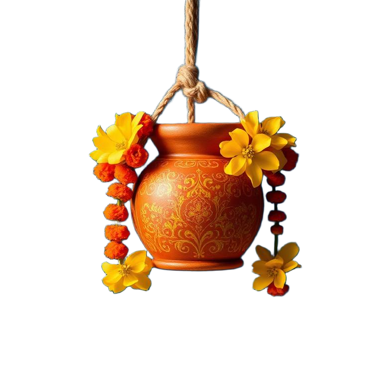 Decorated clay matki hanging from a rope with marigold flowers
